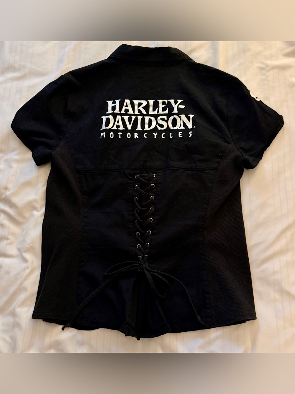 Harley Davidson Women’s Skull Zip Front Corset Back Shirt L